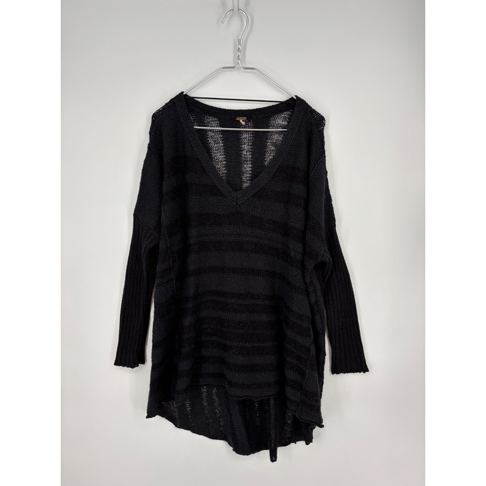 Free People Sweater Womens M Gray Black Striped Wool Blend V-Neck Knit